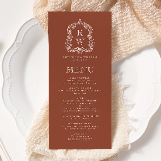 Elegant Monogram Crest Terracotta Wedding メニュー