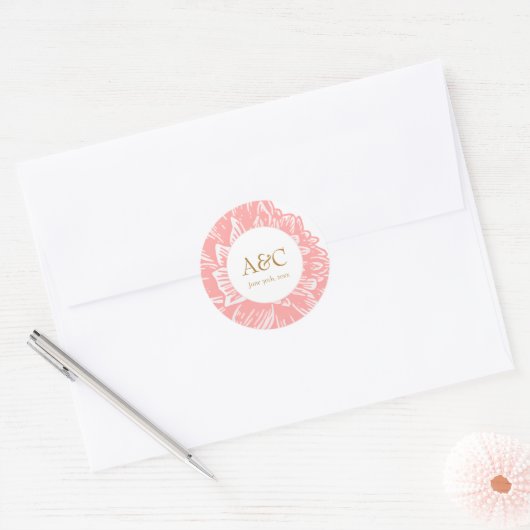Elegant Monogram Dusty Pink Floral Wedding Sticker ラウンドシール (封筒)