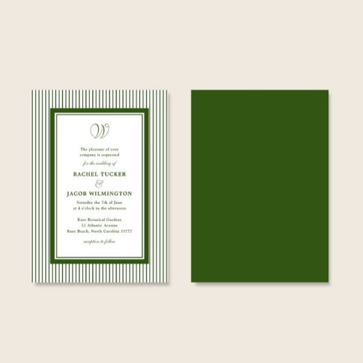 Elegant Monogram Forest Green Striped Wedding 招待状