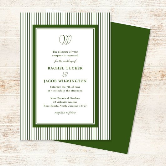 Elegant Monogram Forest Green Striped Wedding 招待状