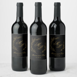 Elegant Monogram gold and black wine label ワインラベル