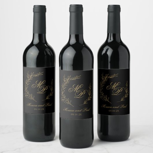 Elegant Monogram gold and black wine label ワインラベル (ボトル)