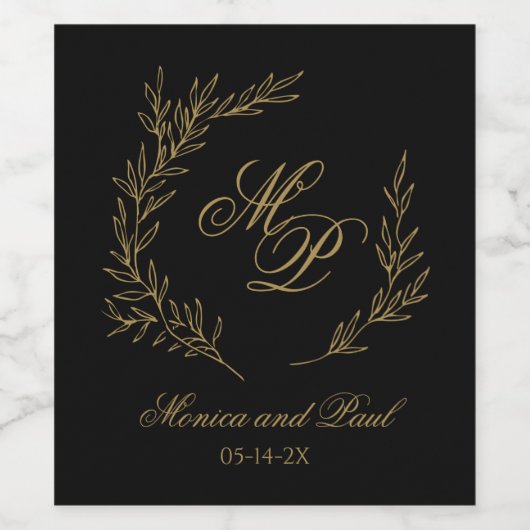 Elegant Monogram gold and black wine label ワインラベル (シングルラベル)