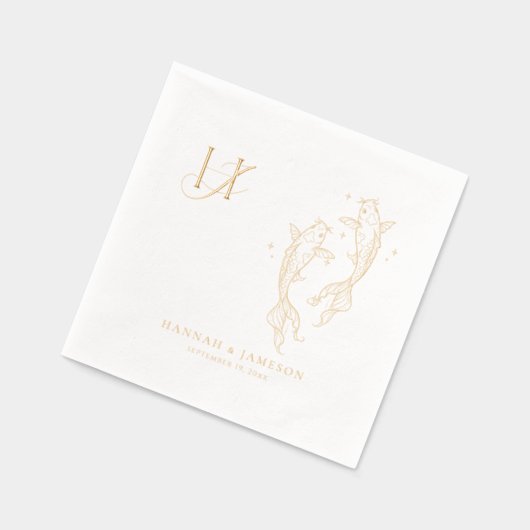 Elegant Monogram | Gold Koi Fish Wedding 箔ナプキン (左)