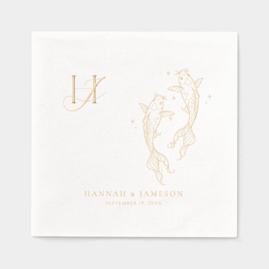 Elegant Monogram | Gold Koi Fish Wedding 箔ナプキン (正面)
