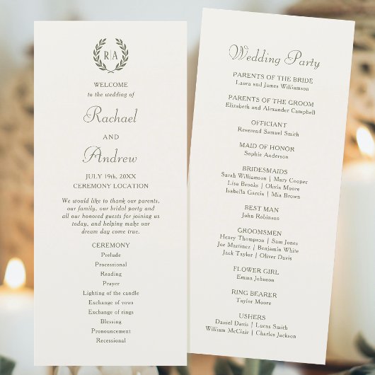 Elegant Monogram Green Cream Wedding Timeline Flat プログラム