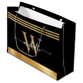 Elegant Monogram Initial Script in Black and Gold  ラージペーパーバッグ (正面アングル)