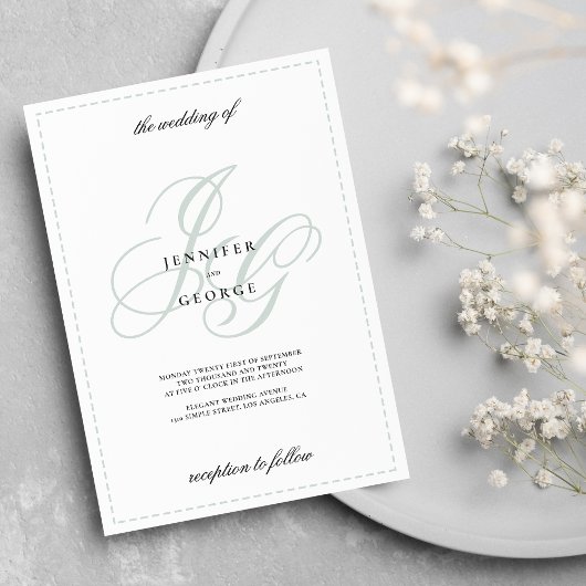 Elegant monogram initials mint green white wedding 招待状