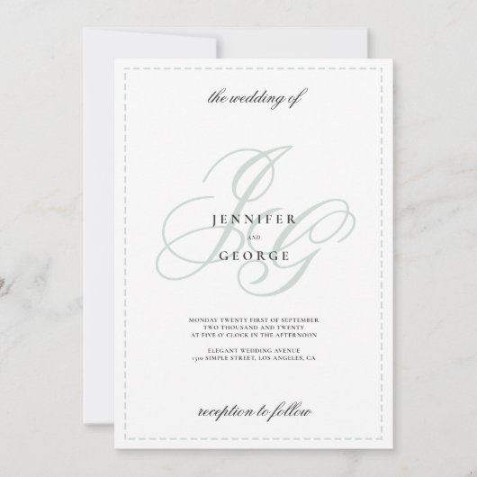 Elegant monogram initials mint green white wedding 招待状 (正面)