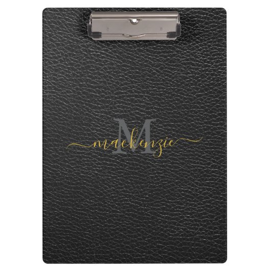 Elegant Monogram Name Black Leather Style クリップボード (正面)