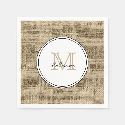 Elegant Monogram Name Country Chic Style Burlap スタンダードカクテルナプキン (正面)