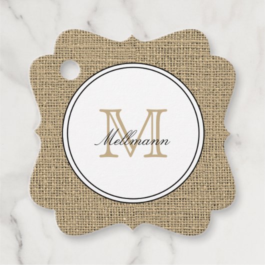 Elegant Monogram Name Country Chic Style Burlap フェイバータグ (正面)