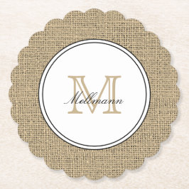 Elegant Monogram Name Country Chic Style Burlap ペーパーコースター
