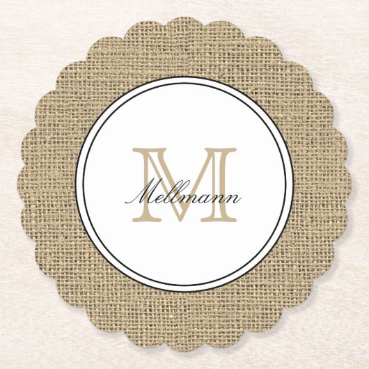 Elegant Monogram Name Country Chic Style Burlap ペーパーコースター (正面)