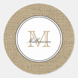Elegant Monogram Name Country Chic Style Burlap ラウンドシール
