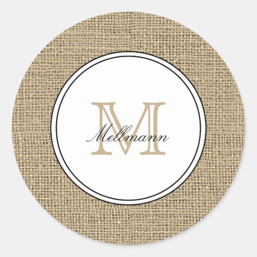 Elegant Monogram Name Country Chic Style Burlap ラウンドシール (正面)