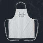 Elegant Monogram Name Gray Stripe エプロン<br><div class="desc">Add a touch of elegance to everyday cooking and baking with this feminine personalized apron. Featuring a soft gray and white striped background, this stylish apron is beautifully finished with your initial and name in a fancy script font, creating a timeless and sophisticated look. Perfect for home cooks, bakers, entertainers,...</div>