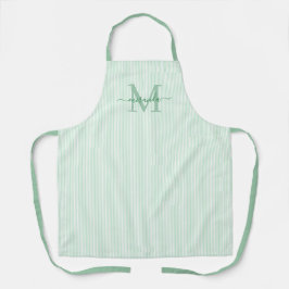 Elegant Monogram Name Green Stripe エプロン