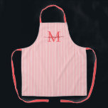Elegant Monogram Name Red Stripe エプロン<br><div class="desc">Add a touch of elegance to everyday cooking and baking with this feminine personalized apron. Featuring a soft red and white striped background, this stylish apron is beautifully finished with your initial and name in a fancy script font, creating a timeless and sophisticated look. Perfect for home cooks, bakers, entertainers,...</div>