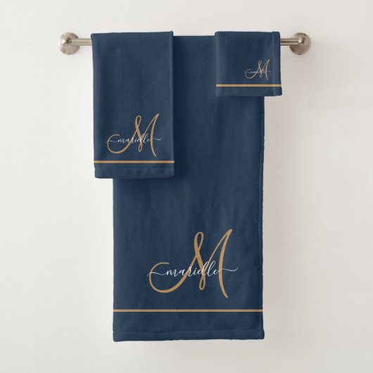 Elegant Monogram Navy Gold Script Name  バスタオルセット (インサイチュ)