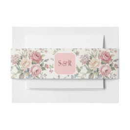 Elegant Monogram Pastel Roses Shabby Chic Wedding 招待状ベリーバンド