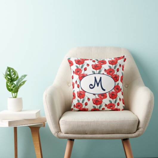Elegant monogram pattern with red poppy flowers クッション (椅子)