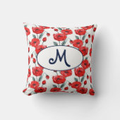 Elegant monogram pattern with red poppy flowers クッション (正面)