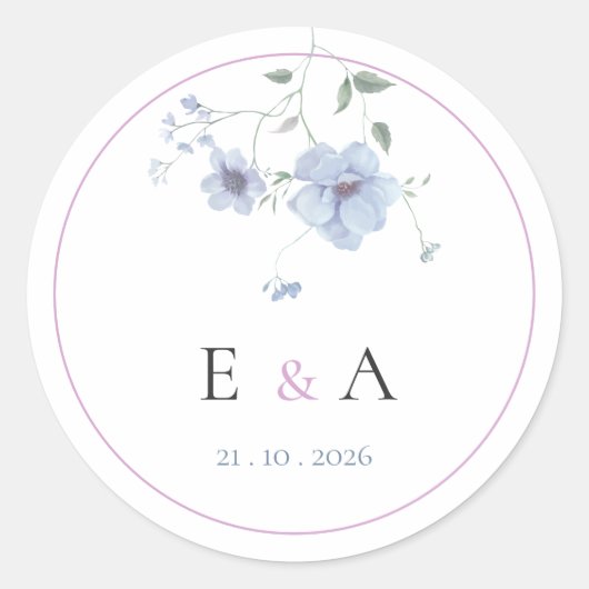 Elegant Monogram Pink & Blue Floral Wedding  ラウンドシール (正面)