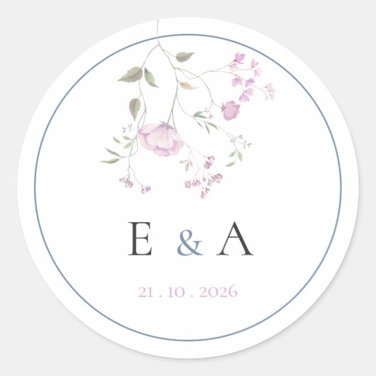 Elegant Monogram Pink & Blue Floral Wedding  ラウンドシール (正面)