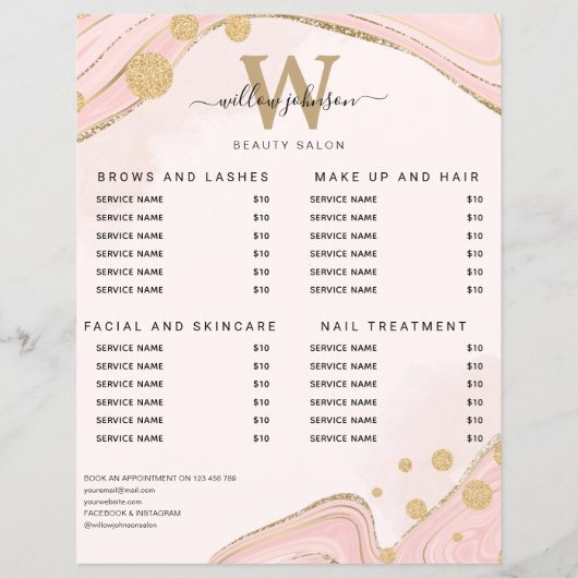 Elegant Monogram Pink Gold Marble Agate Price List チラシ (正面)