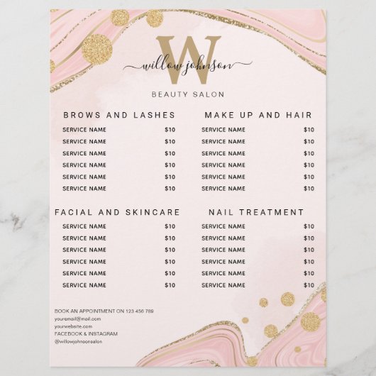 Elegant Monogram Pink Gold Marble Agate Price List チラシ (正面)