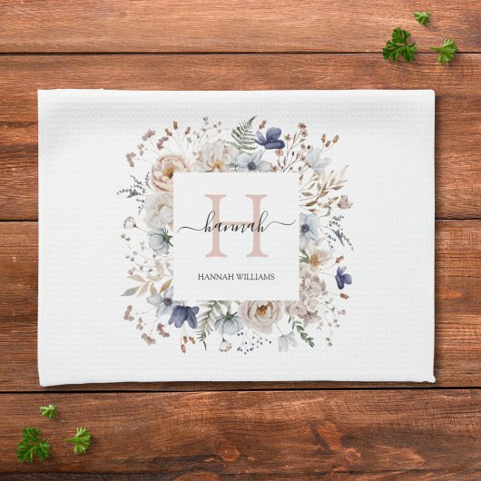 Elegant Monogram Pretty Beige Blue Flowers Floral  キッチンタオル