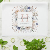 Elegant Monogram Pretty Beige Blue Flowers Floral  キッチンタオル (折り畳み)
