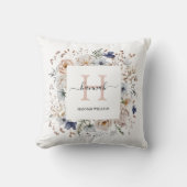 Elegant Monogram Pretty Beige Blue Flowers Floral クッション (正面)