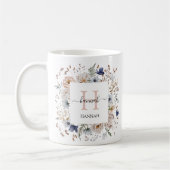 Elegant Monogram Pretty Beige Blue Flowers Floral コーヒーマグカップ (左)