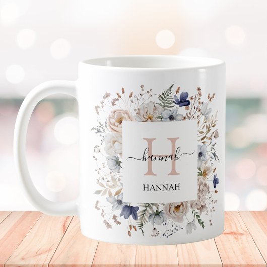 Elegant Monogram Pretty Beige Blue Flowers Floral コーヒーマグカップ