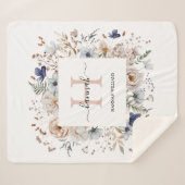 Elegant Monogram Pretty Beige Blue Flowers Floral シェルパブランケット (正面(横))