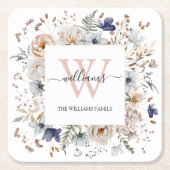 Elegant Monogram Pretty Beige Blue Flowers Floral スクエアペーパーコースター (正面)