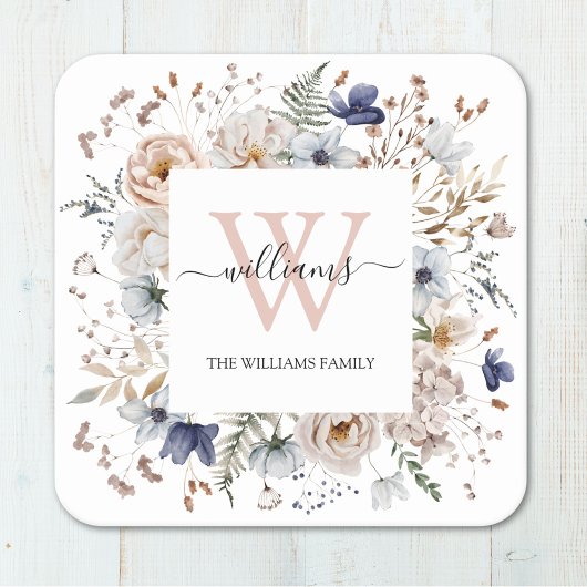 Elegant Monogram Pretty Beige Blue Flowers Floral スクエアペーパーコースター