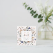Elegant Monogram Pretty Beige Blue Flowers Floral スクエア名刺 (スタンド正面)