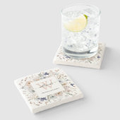 Elegant Monogram Pretty Beige Blue Flowers Floral ストーンコースター (横)