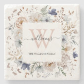 Elegant Monogram Pretty Beige Blue Flowers Floral ストーンコースター (正面)