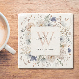 Elegant Monogram Pretty Beige Blue Flowers Floral ストーンコースター