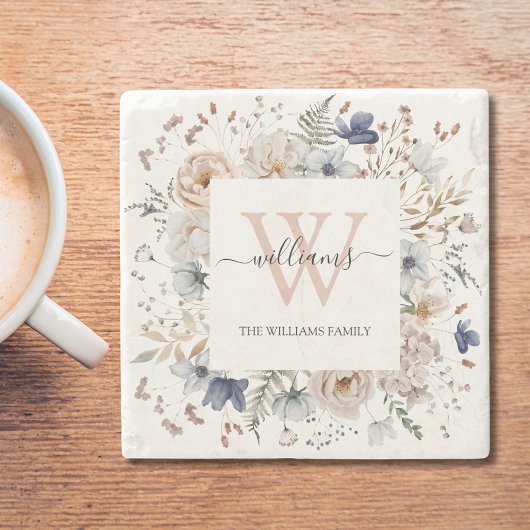 Elegant Monogram Pretty Beige Blue Flowers Floral ストーンコースター