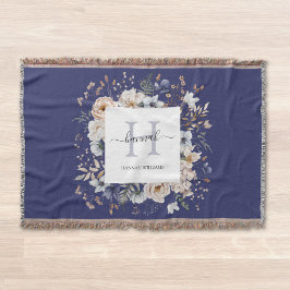 Elegant Monogram Pretty Beige Blue Flowers Floral スローブランケット