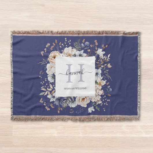 Elegant Monogram Pretty Beige Blue Flowers Floral スローブランケット