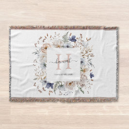 Elegant Monogram Pretty Beige Blue Flowers Floral スローブランケット