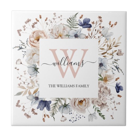 Elegant Monogram Pretty Beige Blue Flowers Floral タイル (正面)