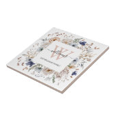 Elegant Monogram Pretty Beige Blue Flowers Floral タイル (側面)