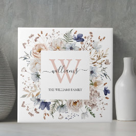 Elegant Monogram Pretty Beige Blue Flowers Floral タイル